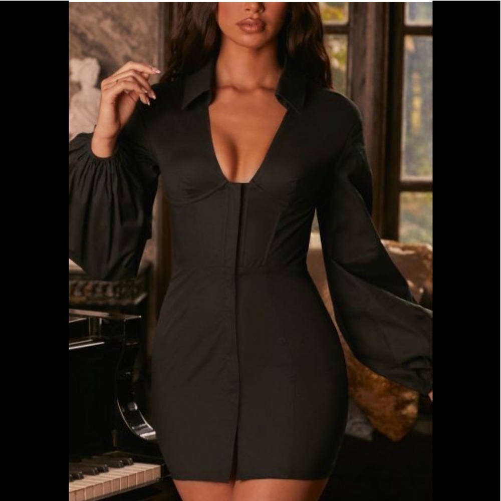 Balloon Sleeve Mini Shirt Dress in Black